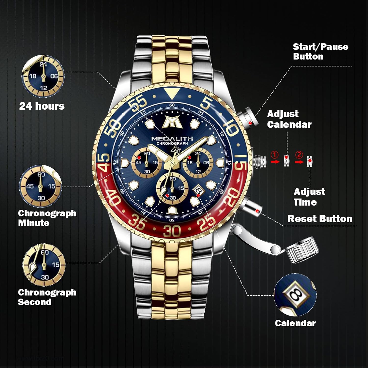 MEGALITH Men's Watch Stainless Steel Chronograph Watch Men's Waterproof Large Analogue Watch Men's Business Design Watches for Men Calendar Luminous – Bild 6