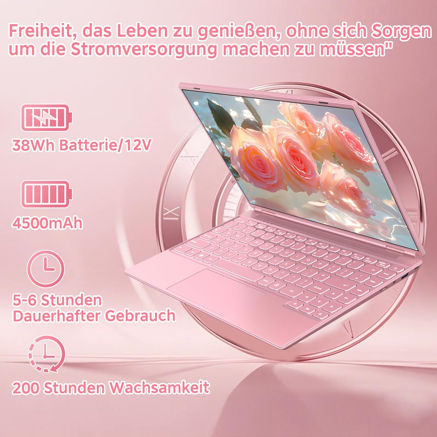 Laptop 14 Inch 8GB + 256GB SSD Expandable 1TB SSD, Notebook with Celeron N5095, Cooling Fan 1920x1200 2K FHD Extremely Slim Bezel Screen Multifunctional Pink – Bild 8