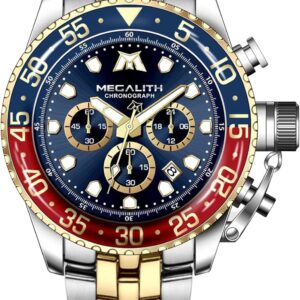 MEGALITH Men’s Watch Stainless Steel Chronograph Watch Men’s Waterproof Large Analogue Watch Men’s Business Design Watches for Men Calendar Luminous