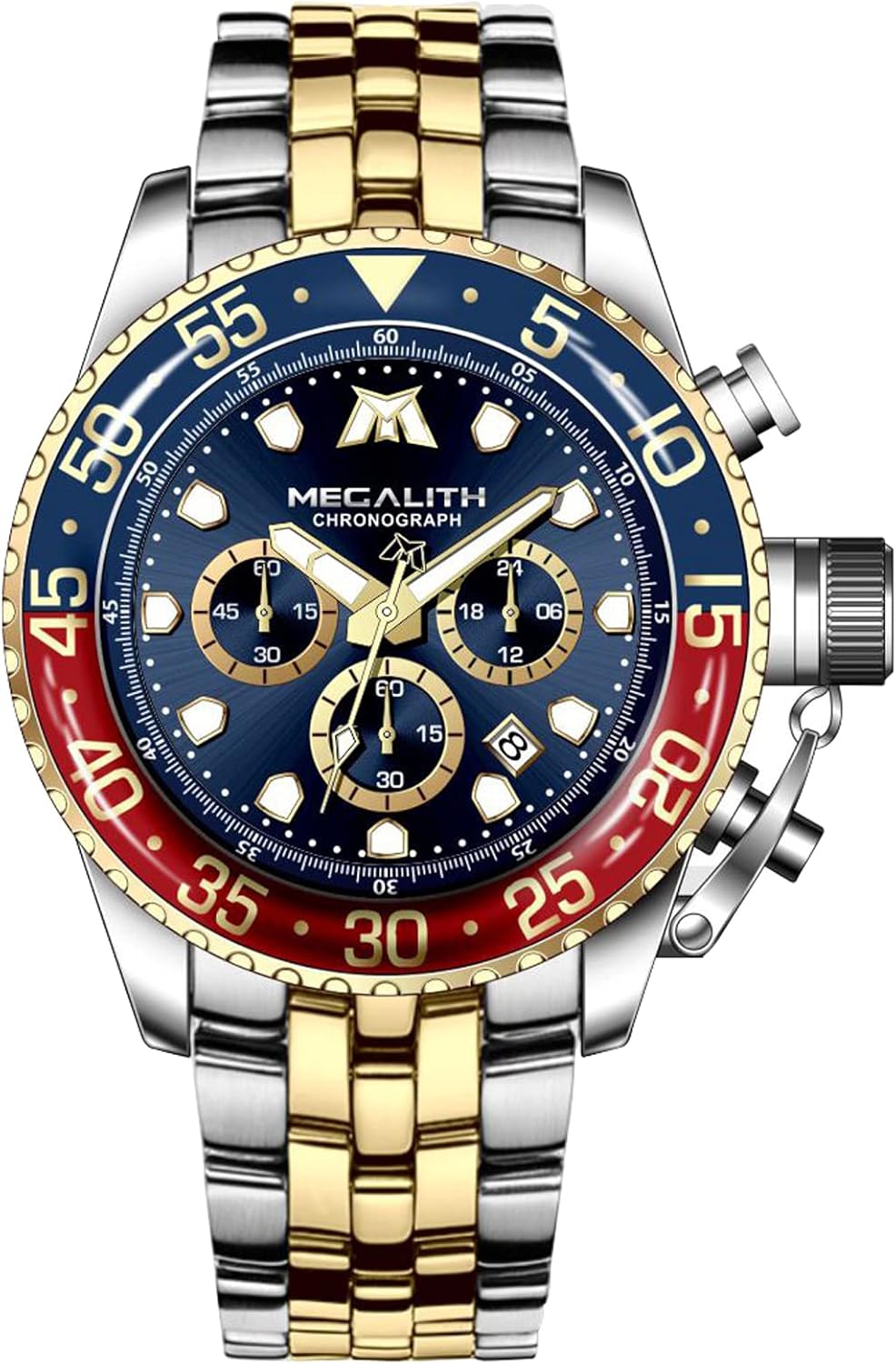 MEGALITH Men's Watch Stainless Steel Chronograph Watch Men's Waterproof Large Analogue Watch Men's Business Design Watches for Men Calendar Luminous