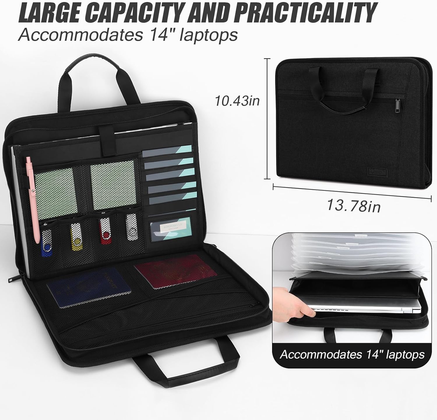 Uquelic Document Folder A4 with Handle, Document Organiser with 12 Compartments and Multiple Compartments, Expandable File Folder for Office, Home, School (Black) – Bild 7