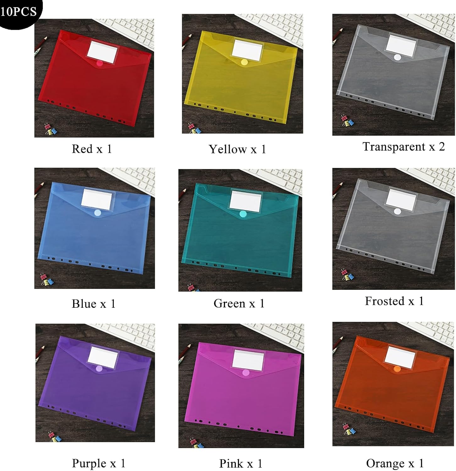 Fhlbestyu Pack of 10/20 A4 Document Folders, Document Bag A4 for Filing, Waterproof, Document Folders for Organising Documents with 11 Binder Holes, Velcro Fastening, Label Bag (10 Pieces, Colourful) – Bild 8