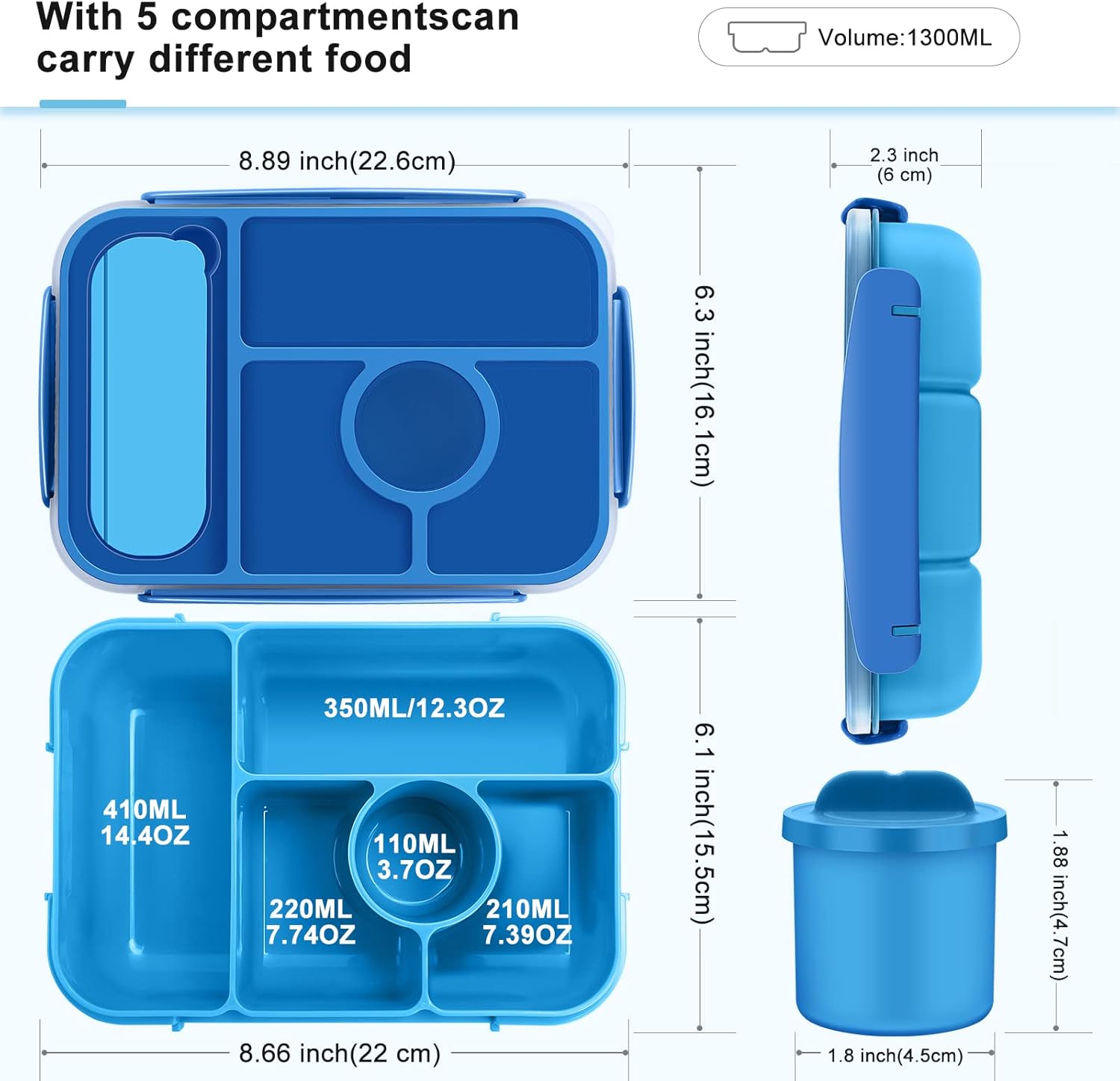 Children's Lunch Box with Compartments, Bento Box Children, Lunch Box Adults, 1300 ml Lunch Box with 5 Compartments and Sauce Containers, Microwave and Dishwasher Safe, BPA-Free and Reusable – Bild 2