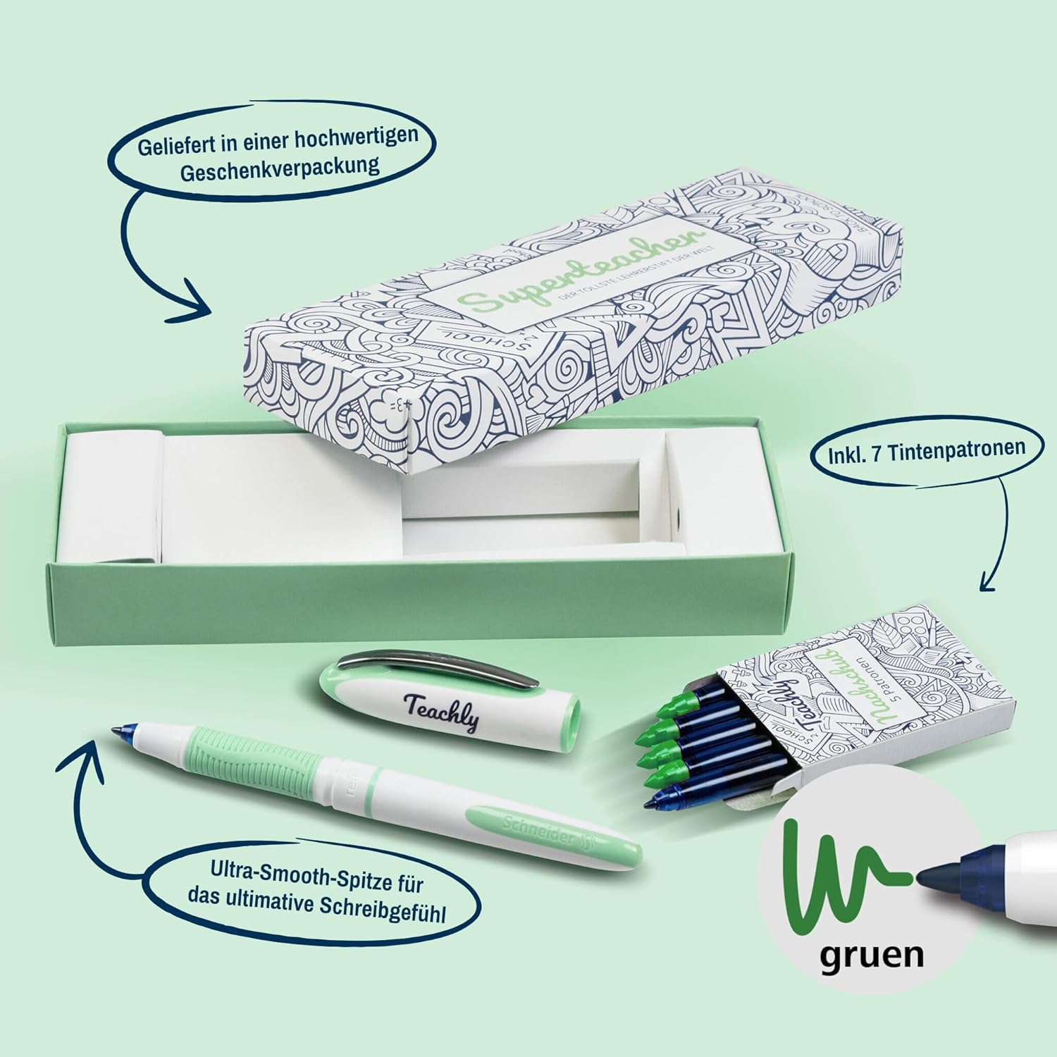 Teachly Superteacher Rollerball Pen - Refillable Teacher Pen for School & University (Mint) - Includes 7 Ink Cartridges (Green) – Bild 2
