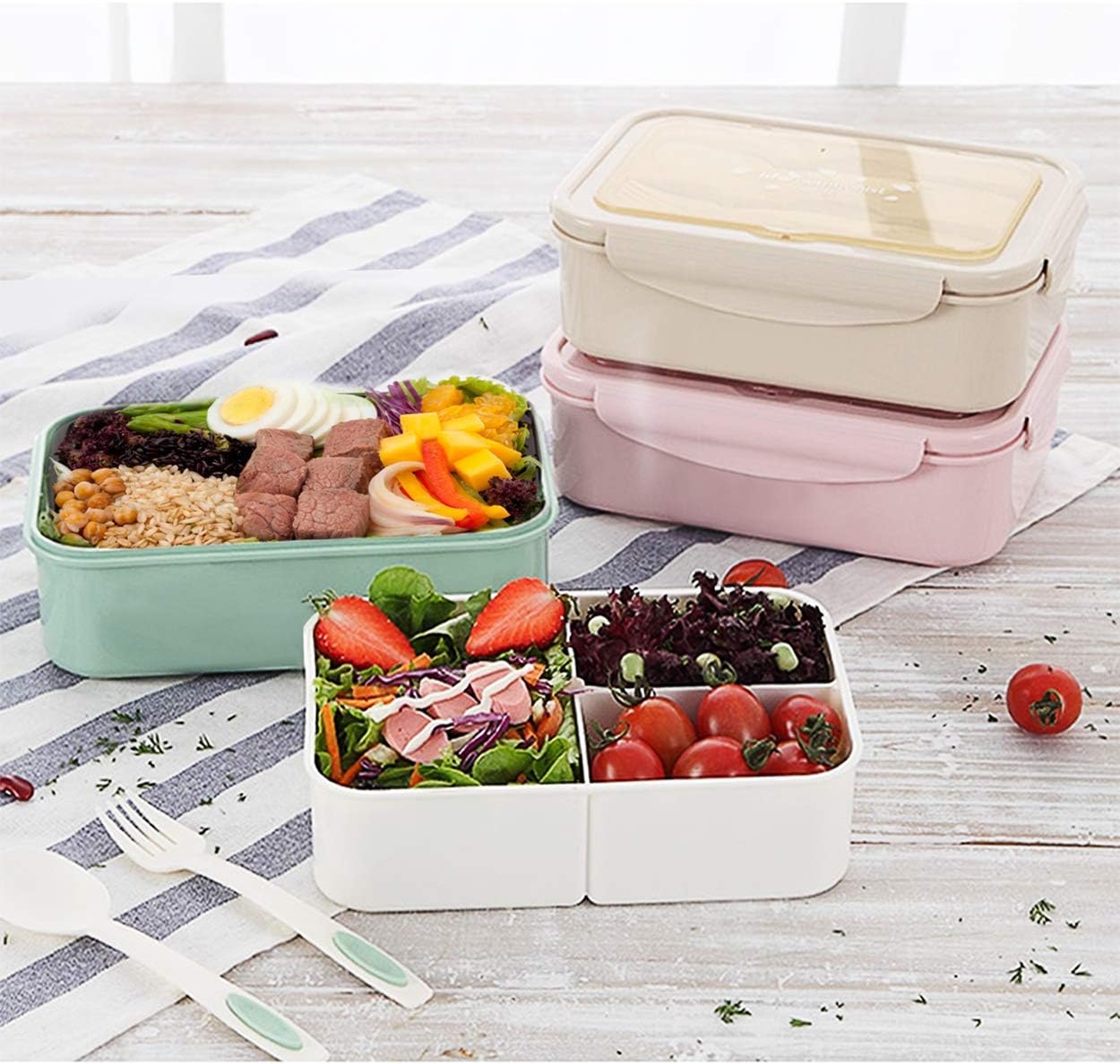BIBURY Bento Lunch Box for Adults and Children, Leak-Proof, 1400 ml Lunch Box with 3 Compartments and Cutlery, Lunch Box Kids, Microwave-Safe, for School, Work, Picnic, Travel (Green) – Bild 7