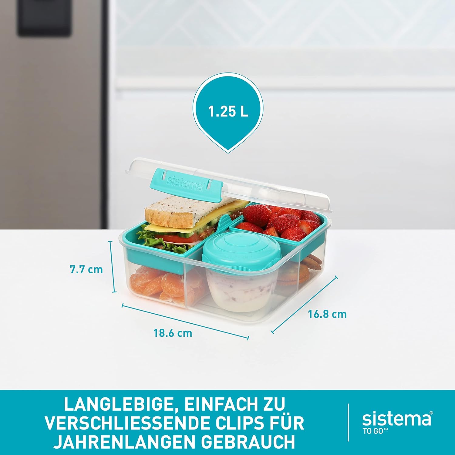 Sistema Bento Box To Go Lunch Box with Compartments, 1.25 L Lunch Box with Yoghurt/Fruit Container, Lunch Box Children and Adults, Teal – Bild 4
