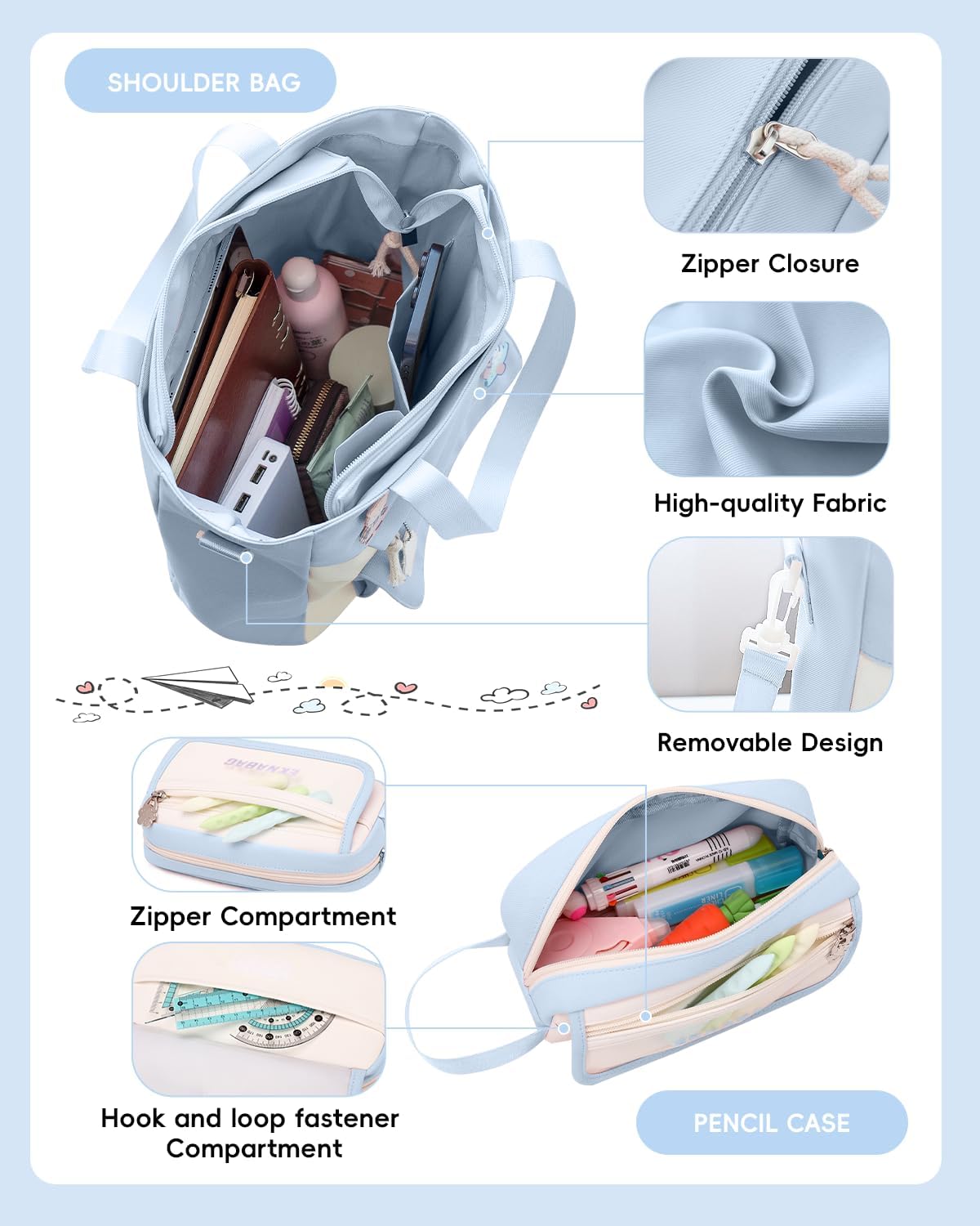 Tanou Backpack Girls School Backpack Teenagers School Bag Set with Students Shoulder Bag and Pencil Case, School Bag Children Casual Daypack School Bag for Girls, blue, Casual – Bild 5