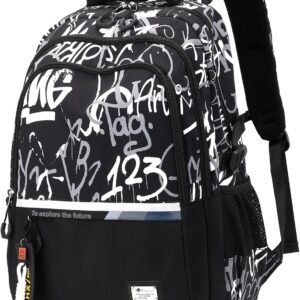 School Backpack Boys Backpack Teenagers - Stylish Waterproof Casual Daypack Large School Bag for Boys Girls Middle Schools and High Schools Colleges, Ideal for School Travel, Black, White