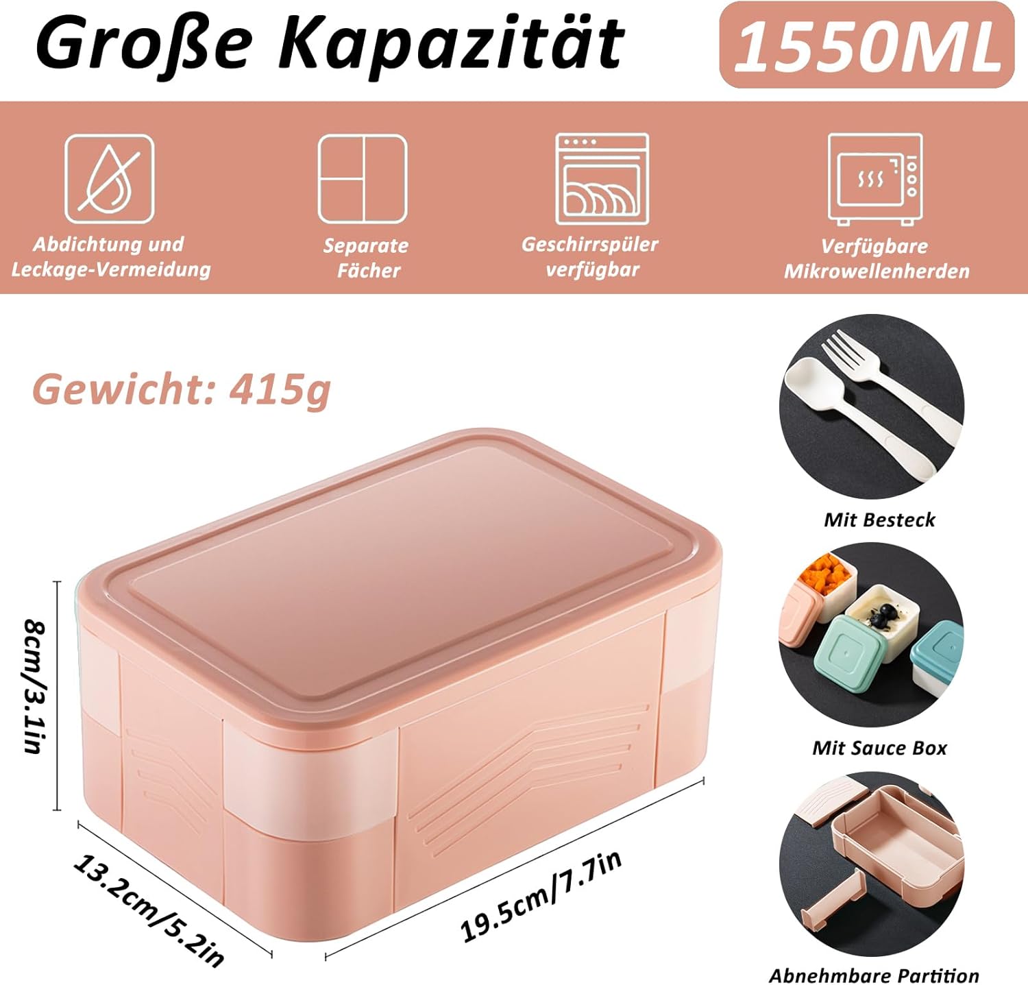 CALIYO Children's Lunch Box with Compartments, 1550 ml Bento Box, Leak-Proof Lunch Box for School/Office/Picnic, BPA-Free, Microwave and Dishwasher Safe, Children and Adults (Beige Red) – Bild 2