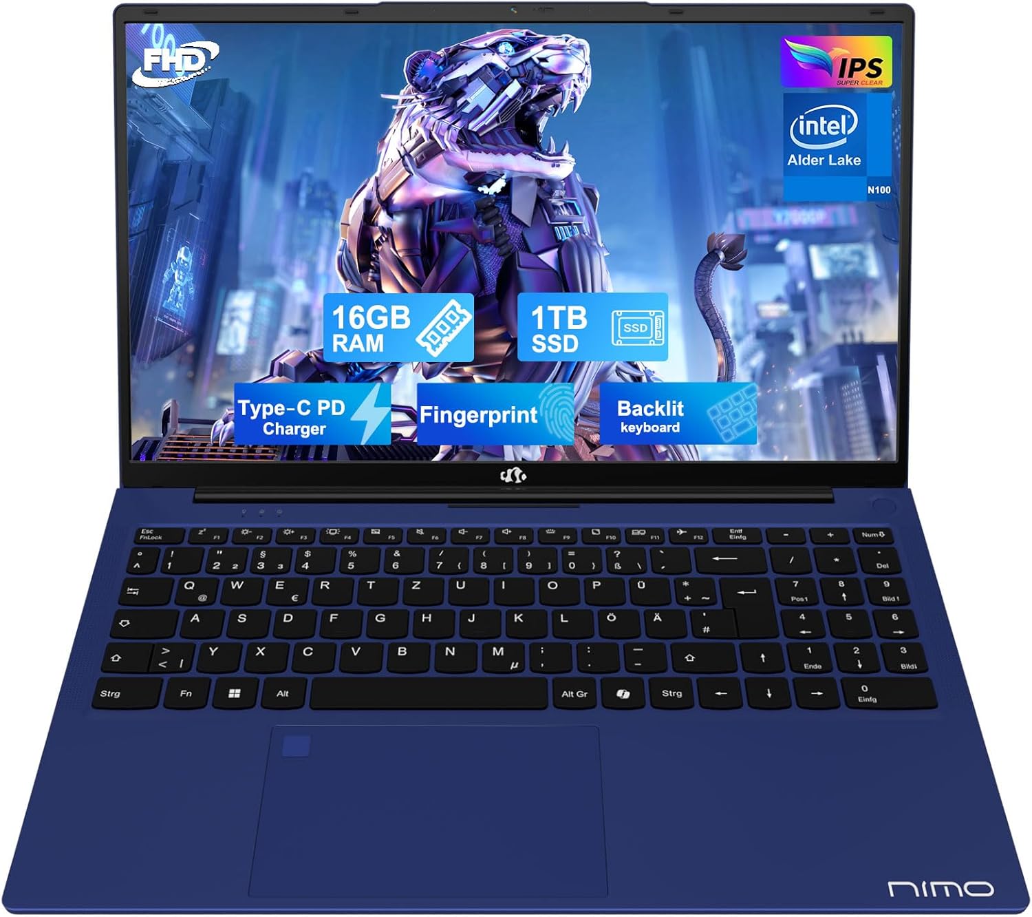 NIMO Laptop 15.6 Inch Full HD: 16GB RAM, 1TB SSD, Intel N100, WiFi Connectivity, USB-C 65W, Fingerprint, Illuminated Keyboard, Lightweight Computer for Work & Study, Blue