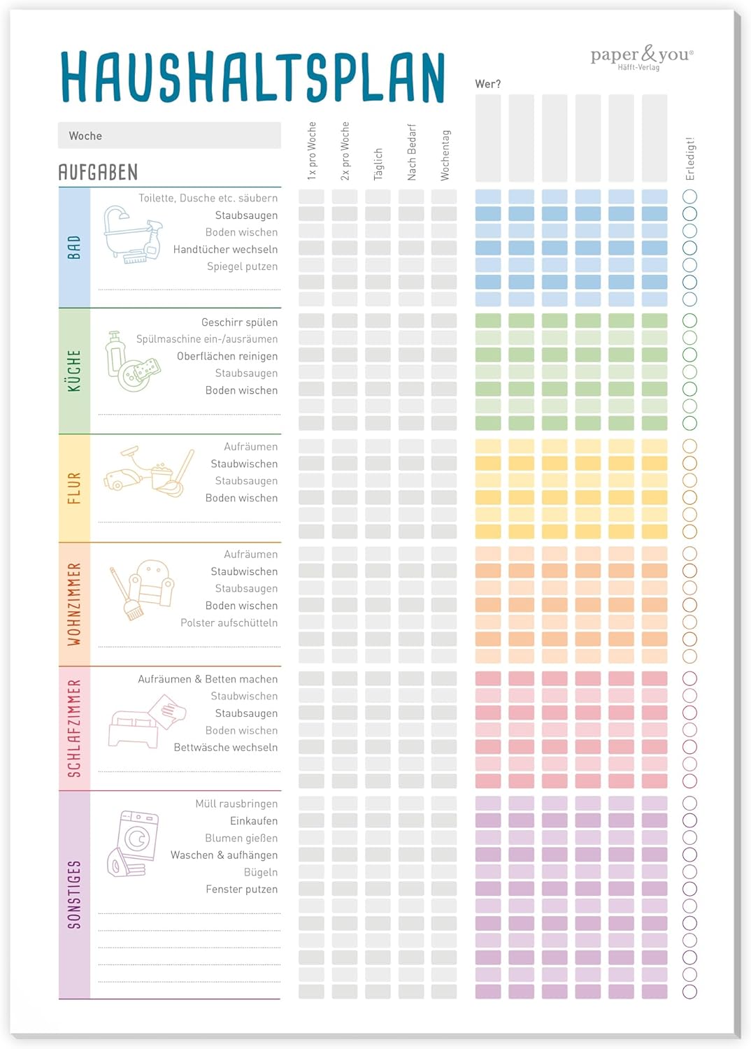 paper&you® Household Plan Pad A4 "Rainbow" Cleaning Plan for Families or Flatshares, 50 Sheets - All Help to Organise Your Household - Climate-Friendly & Sustainable