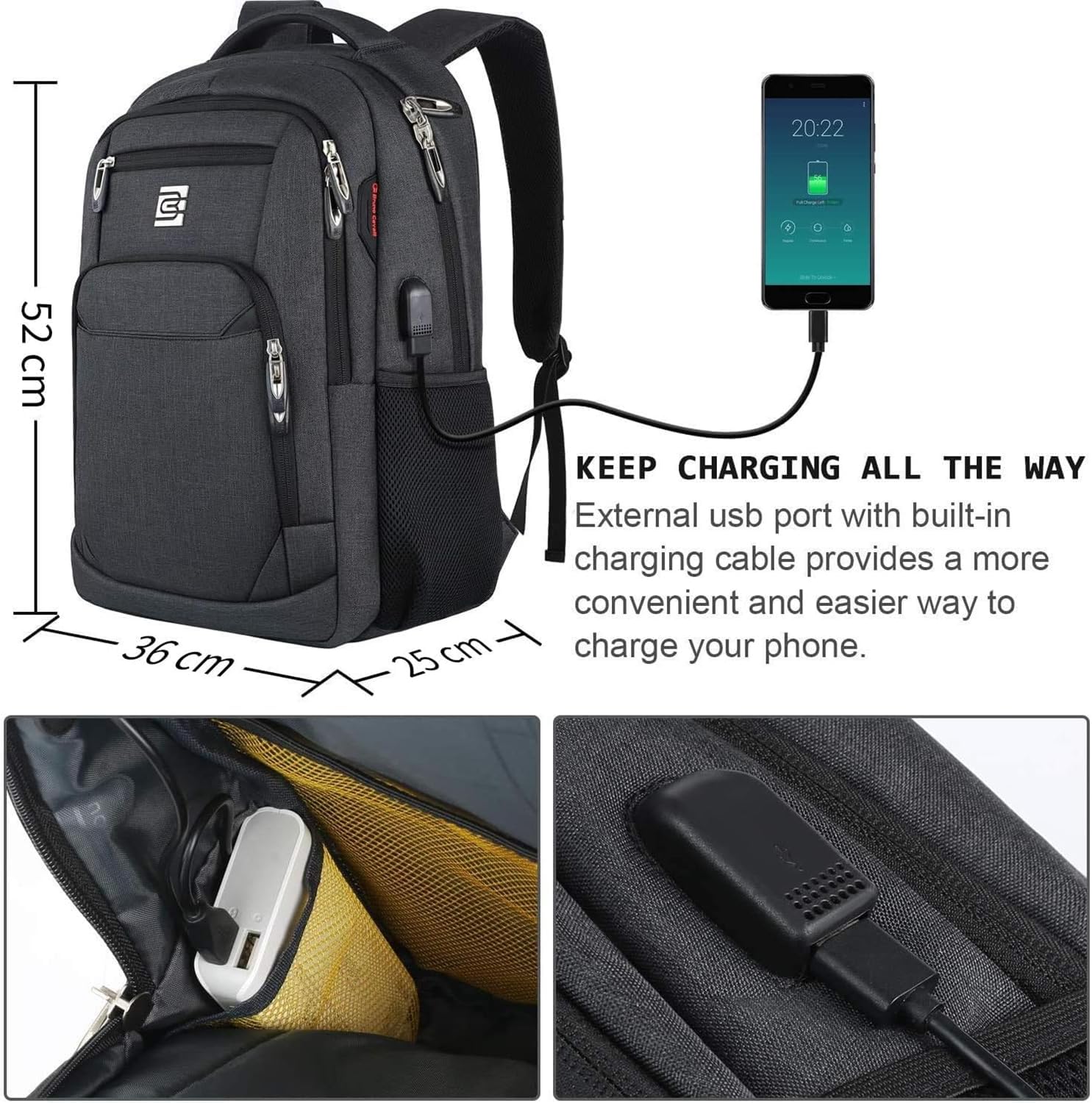 marcello Laptop Backpacks with USB Charging Port Men Women for Work School Uni School Backpack for Boys Teenagers with Laptop Compartment & Anti-Theft Bag, black, Modern – Bild 2