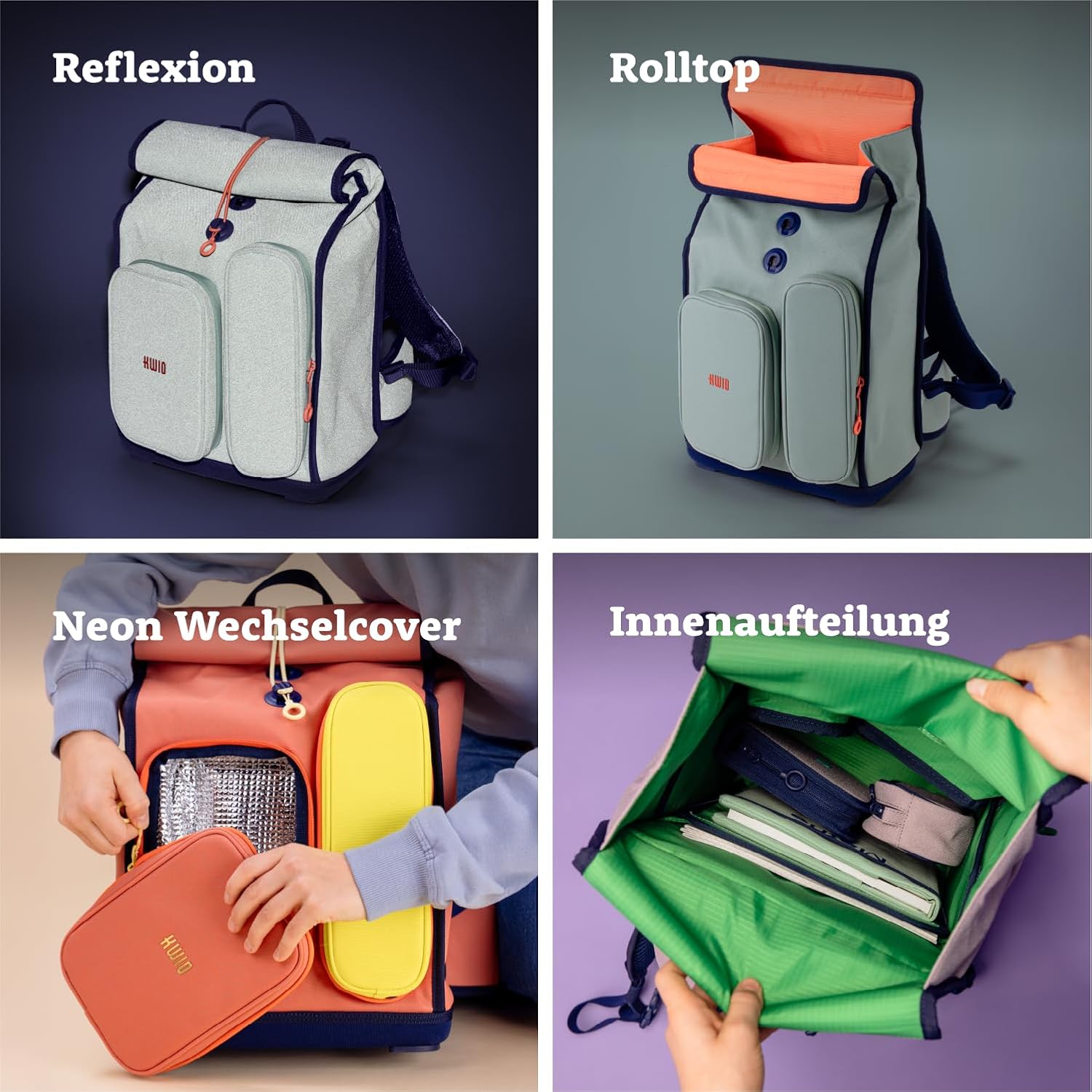 KWIO Bagg School Bag Set, 6 Pieces, Roll-Top Design, Front Pockets for Water Bottle and Lunch Box, Rain Cover, Retro Reflective Coating, Ergonomic Carry System, 1st Class – Bild 6