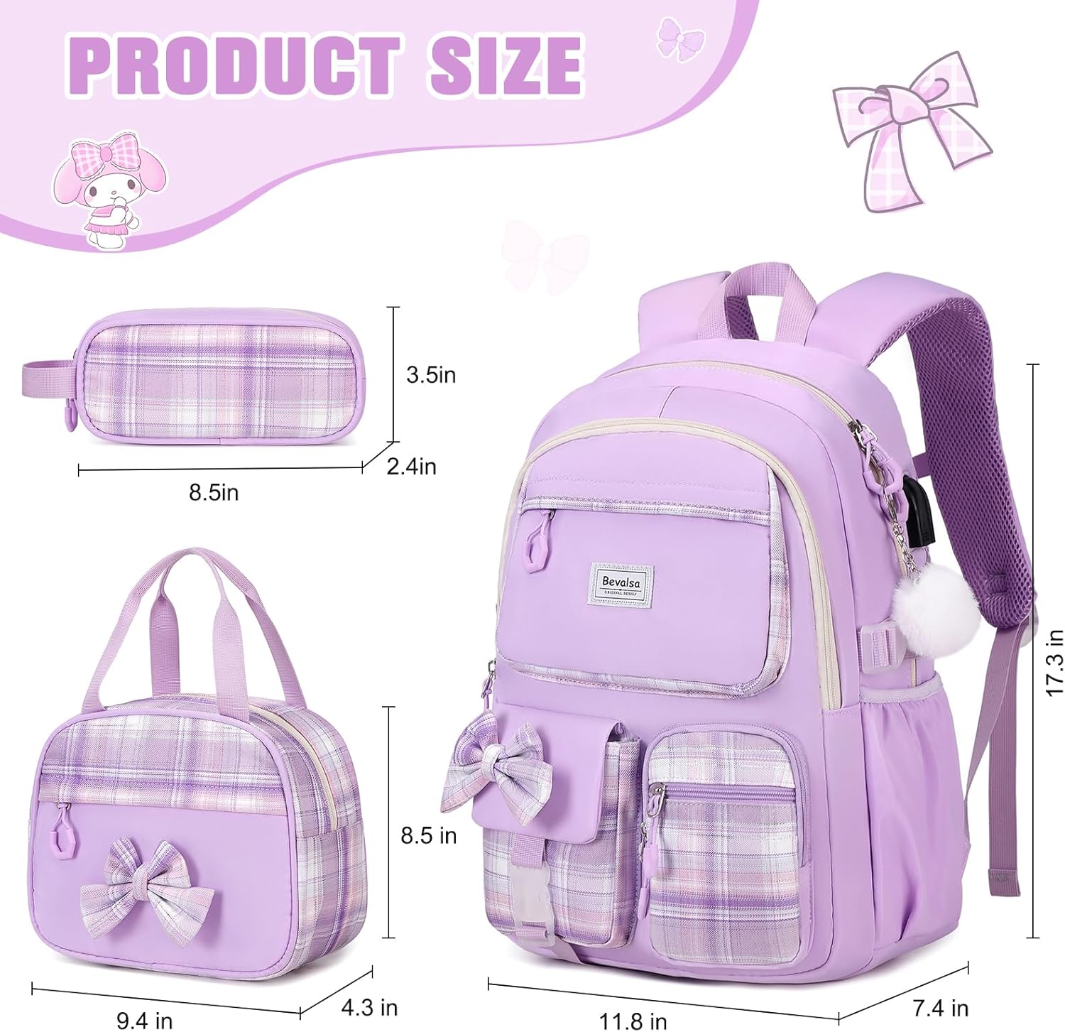 Bevalsa School Backpack Girls Teenager School Bag with Lunch Bag and Pencil Case, Bow Checked Leisure Backpack Large Waterproof School Bag Backpack Daypacks for Children Women – Bild 2