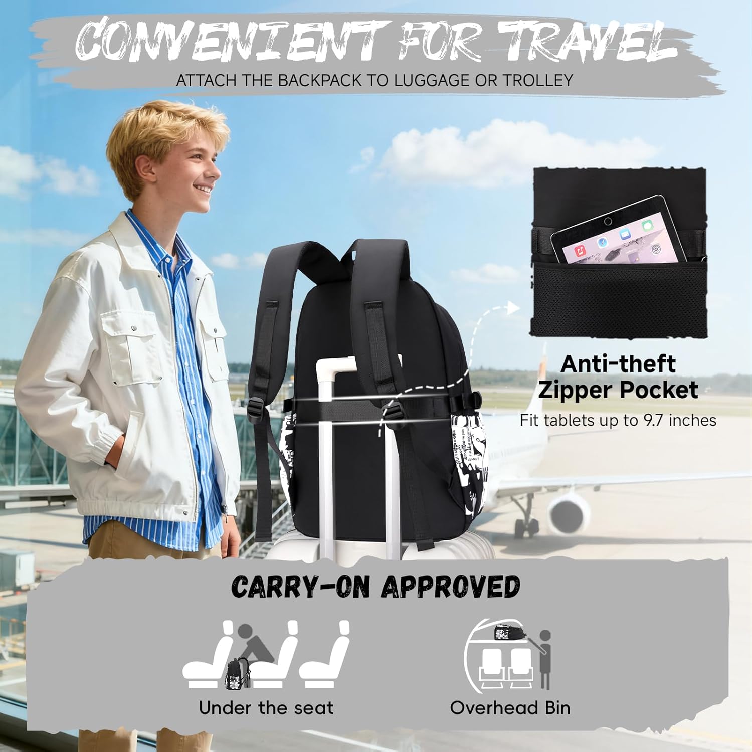 Tanou School Backpack Boys Teenagers Graffiti Print School Bag for Boys 10-18 Years, Large Backpack School High School High School Waterproof Casual School Bag, Black – Bild 6