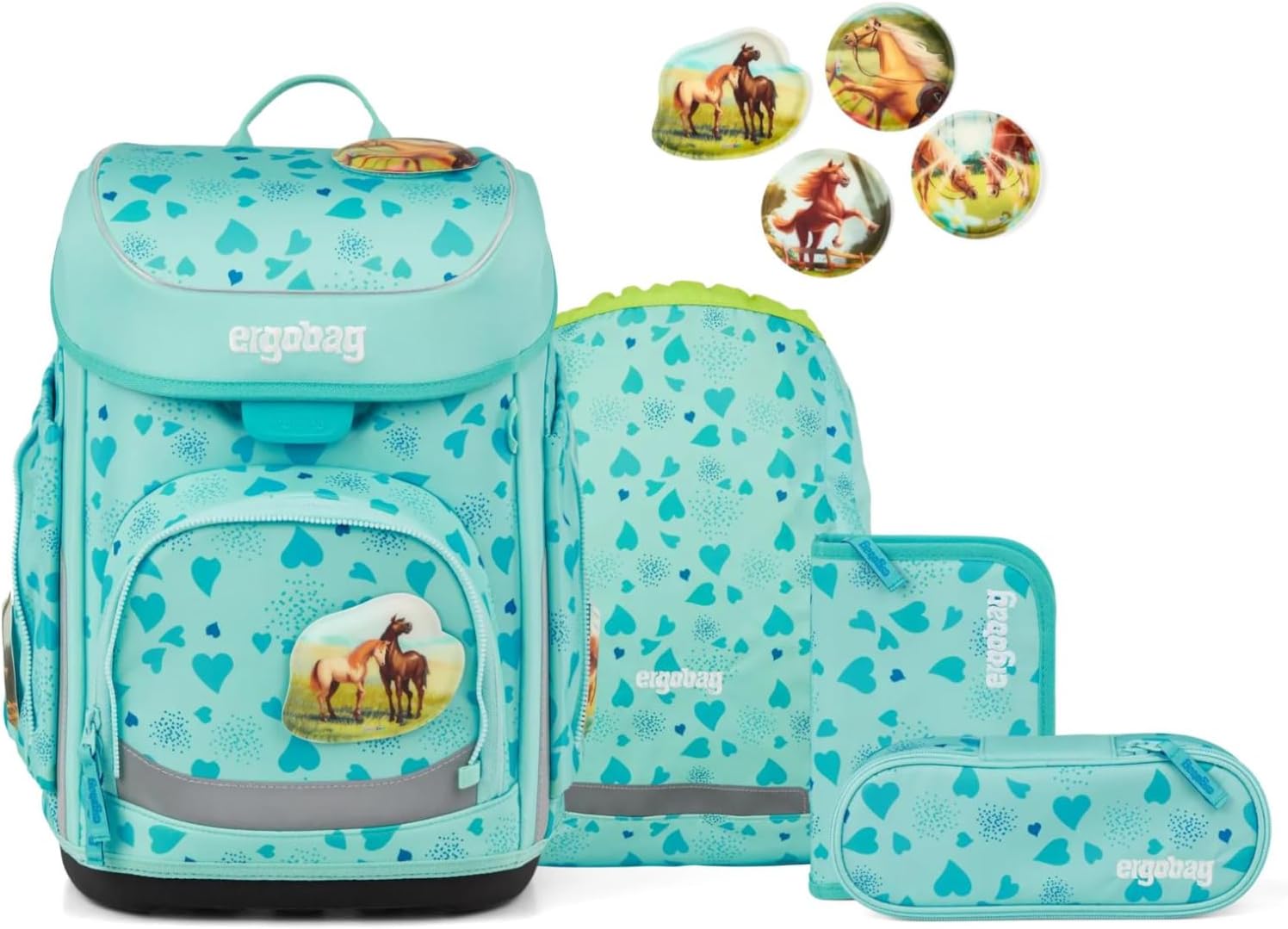 ergobag Cubo Set Ergonomic School Bag Classic 5-Piece 1st Class Primary School, Riding Bear Dream - Turquoise, Unit size, School bag set