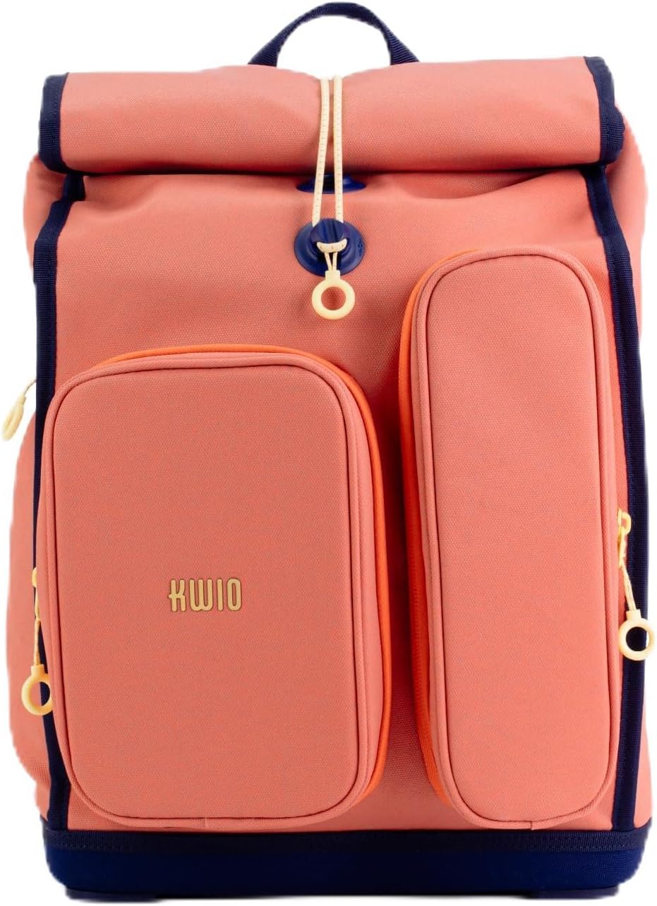 KWIO Bagg School Bag Set, 6 Pieces, Roll-Top Design, Front Pockets for Water Bottle and Lunch Box, Rain Cover, Retro Reflective Coating, Ergonomic Carry System, 1st Class
