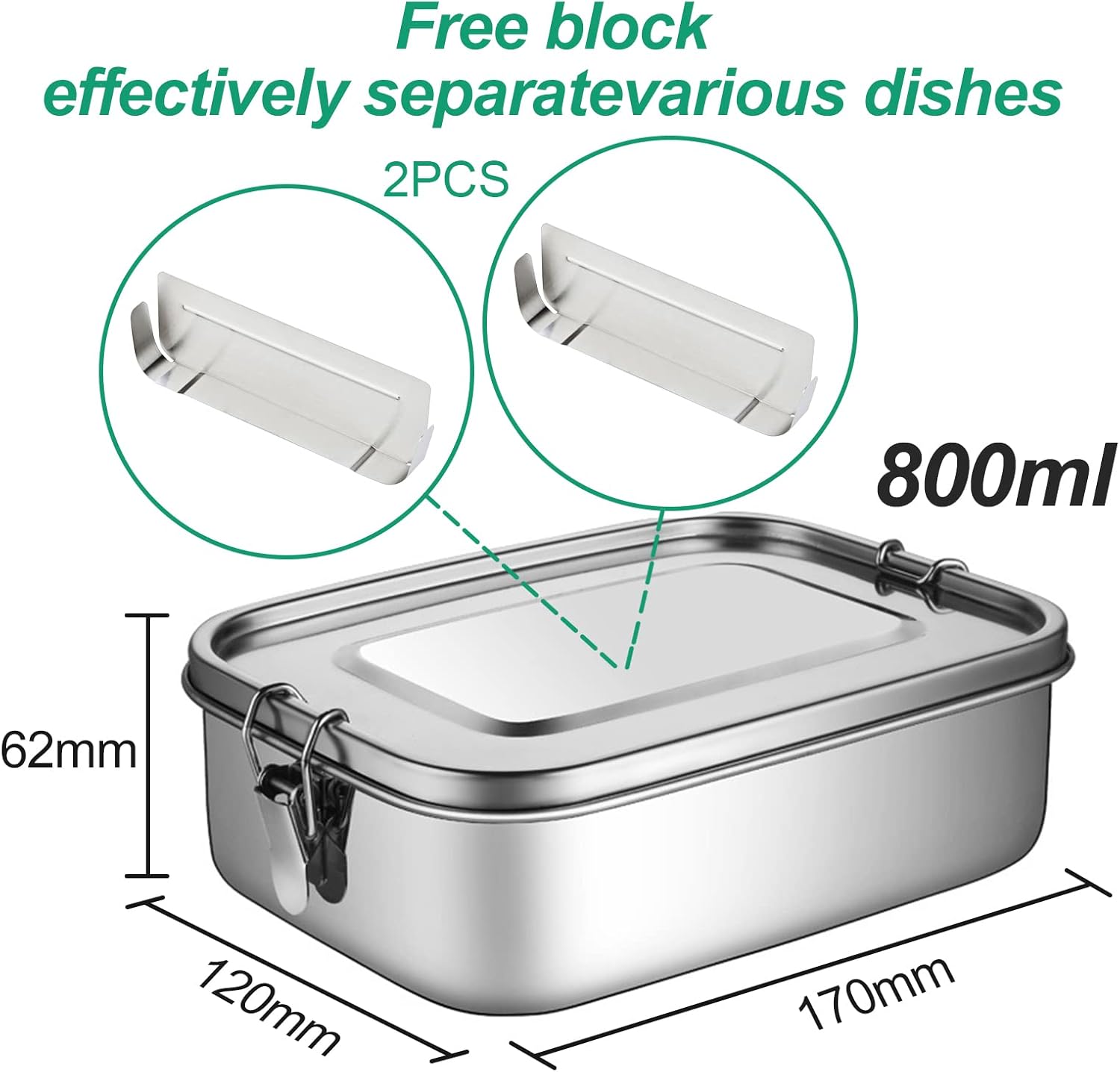 Newaner Stainless Steel Lunch Box, 800 ml Leak-proof Lunch Box with Removable Divider, Sustainable and Environmentally Friendly Lunch Box, Stainless Steel Children's Lunch Box with Compartments – Bild 7