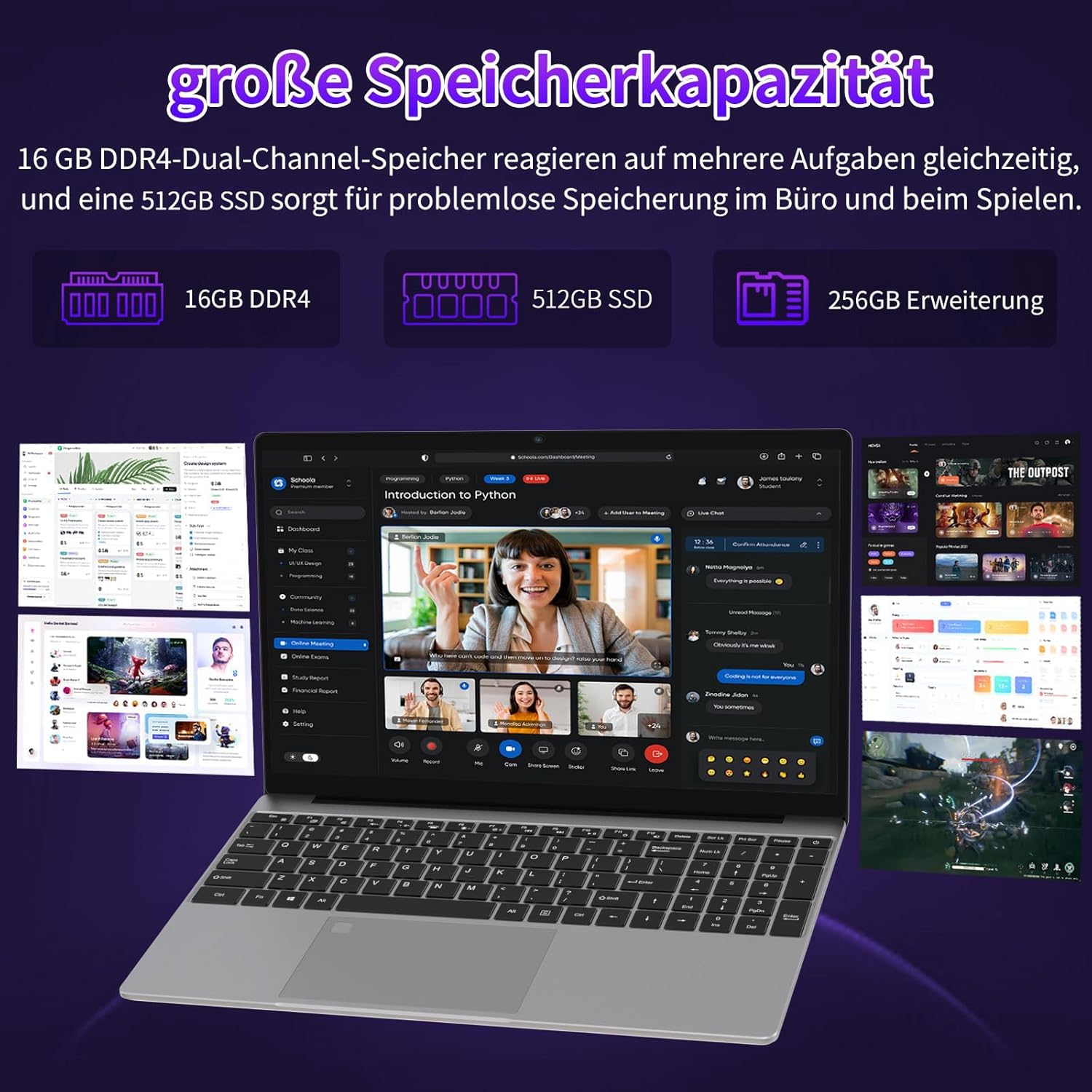 2025 FHD Laptop Student/Business, 15.6 Inch Laptop Computer with 16GB DDR4 512GB SSD, Quad-Core N95 (up to 3.4 GHz, Beat N5095), 8000 mAh Large, 2.4/5G WiFi, Webcam, USB 3.0, Illuminated – Bild 5