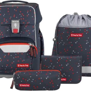 Step by Step Basis School Bag Set "Anthracite Triangles", 4 Pieces, Grey, Ergonomic Satchel with Reflectors, Hip and Chest Strap, for Children from 1st Grade, 20 Litres, Anthracite Traingles, School