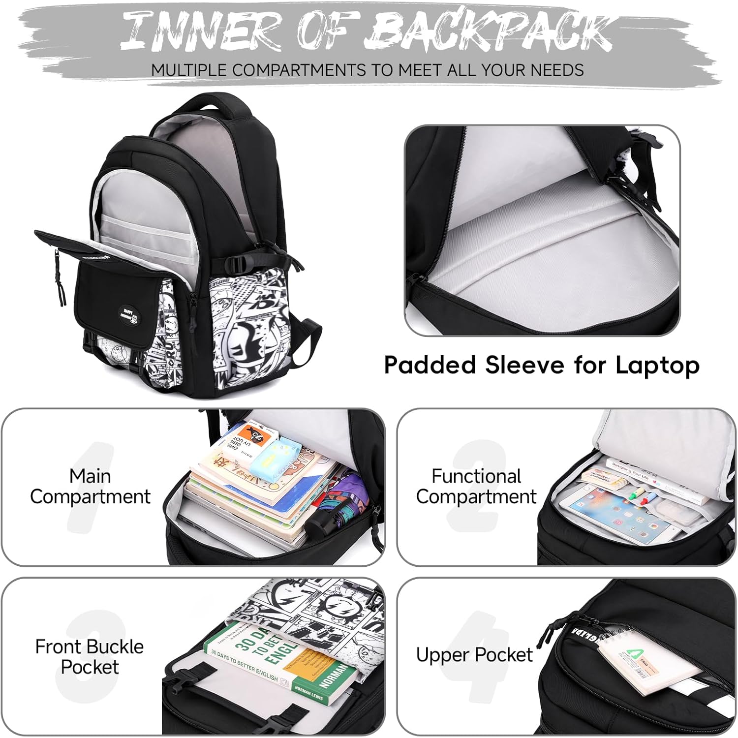 Tanou School Backpack Boys Teenagers Graffiti Print School Bag for Boys 10-18 Years, Large Backpack School High School High School Waterproof Casual School Bag, Black – Bild 3