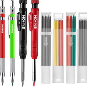 Enhon Woodworking Mechanical Pencil Set of 4 Carpenters Pencils with 40 Leads, Deep Hole Marker Pencils with Built-in Sharpener, Woodworking Marking Tool (Green, Red, Black, Yellow)