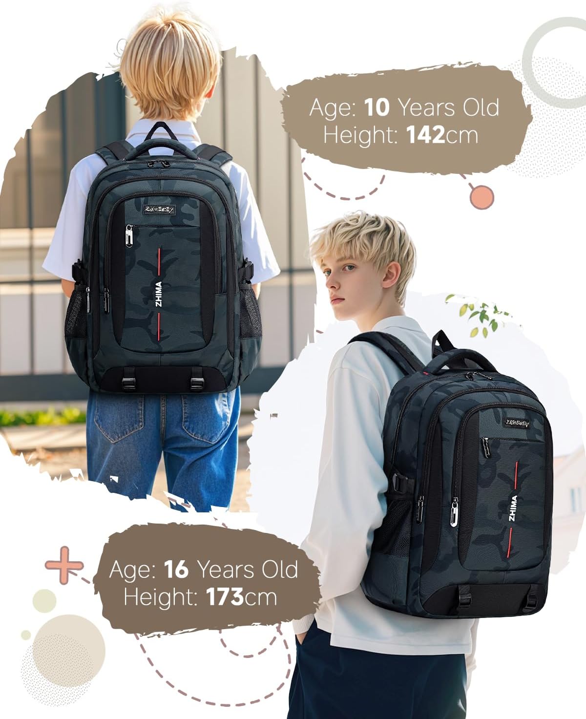 School Backpack Boys Teenagers School Bag for Boys 3rd 5th to 7th Grade Waterproof Camouflage School Bag Set with Shoulder Bag Pen Bag Large Casual Backpack, Green, Rucksack Backpacks – Bild 2