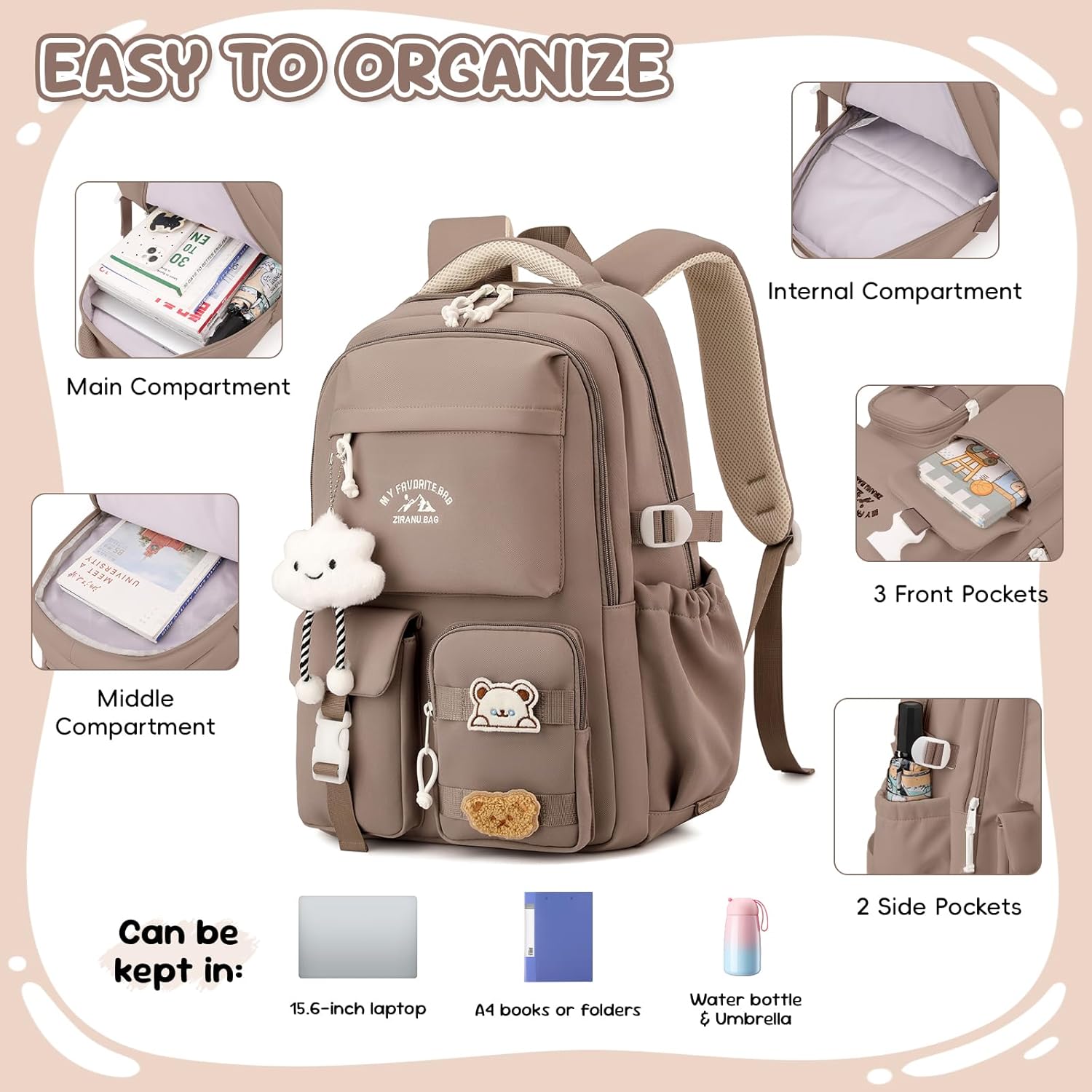 School Backpack Girls Teenagers School Bag Girls Large with Many Compartments Casual Backpack School with Cute Tags and Badges for Girls 3rd to 7th Grade – Bild 5