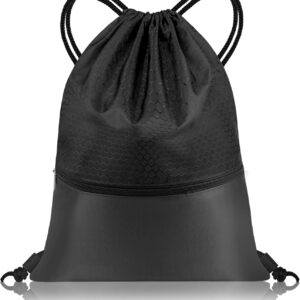 flintronic Gym Bag, Drawstring Sports Bag, Gym Bag Storage Backpack Bag with Outer Zip for Fitness School Gym Travel Swimming Beach Holiday Children Adults - Black/Blue