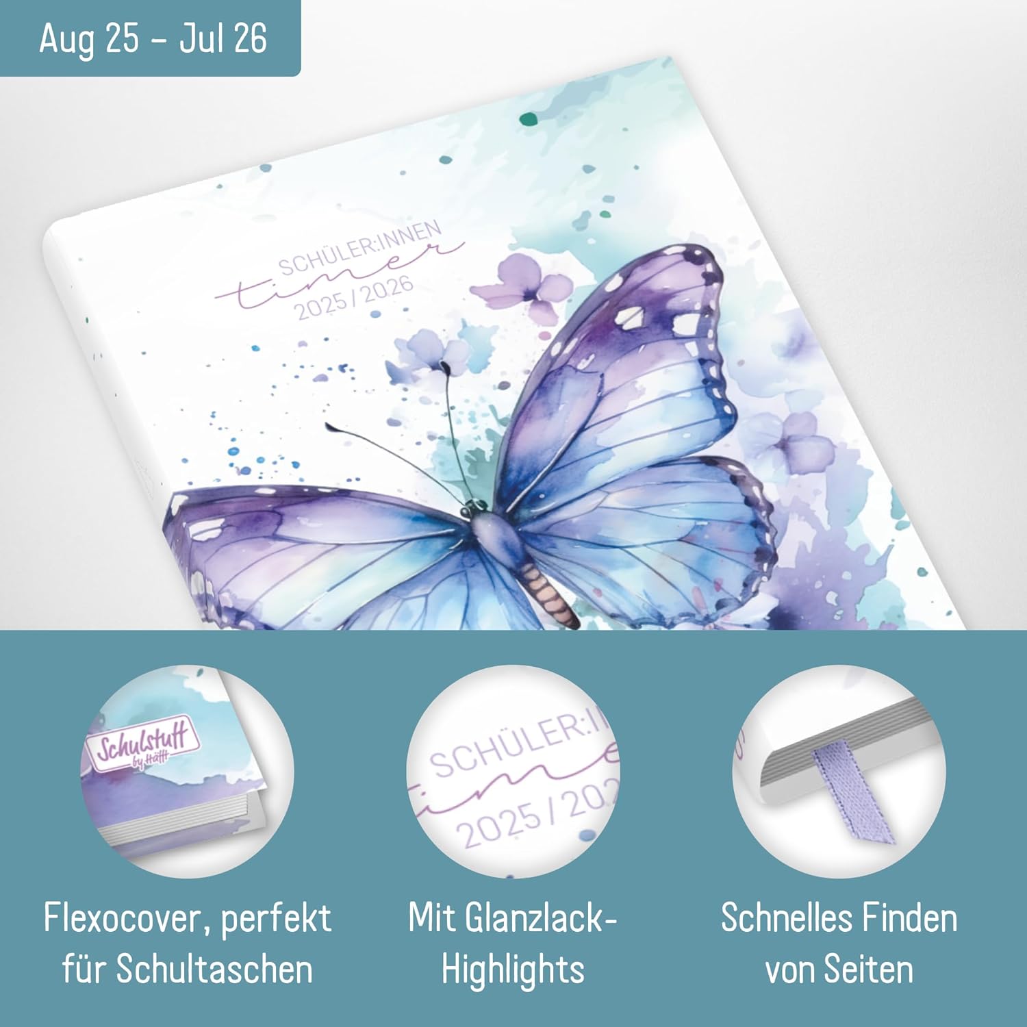 Schulstuff Student Timer 2025/2026 A5 - Organised through the New School Year - Flexocover School Calendar, School Planner, Homework Book "Butterfly" - Sustainable and Climate Friendly – Bild 2