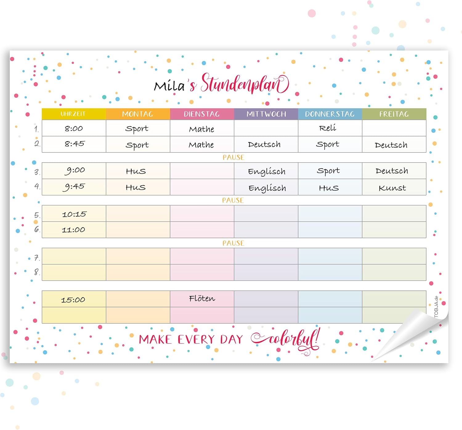 TOBJA Dots Timetable 1st Class A4 Pad - 25 Pages, School Gift Filling School Cone Girls and Boys, Timetable Paper, Colourful