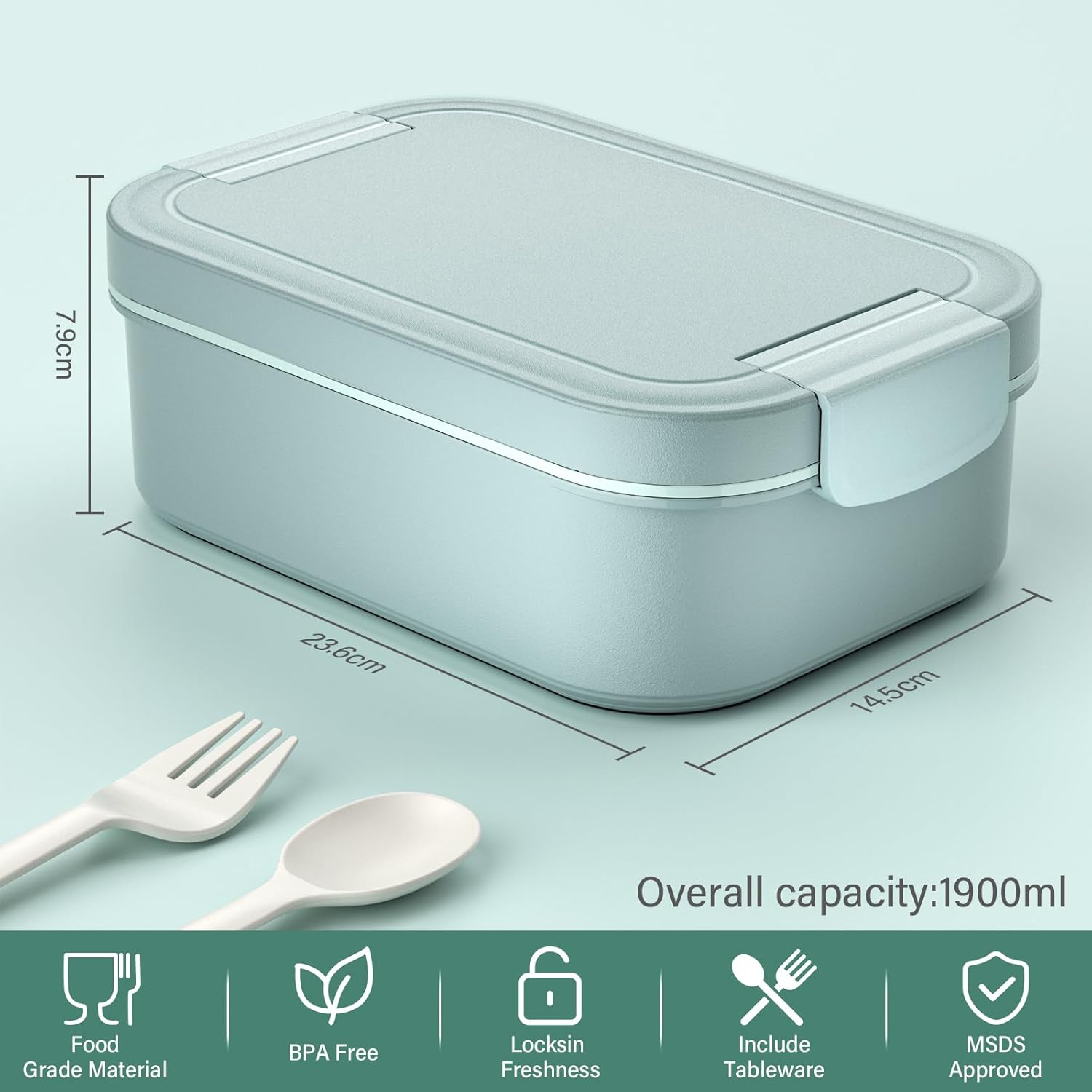 Adult Lunch Box, 1900 ml, Leak-Proof Bento Box, Adult for Office, School (Green) – Bild 2