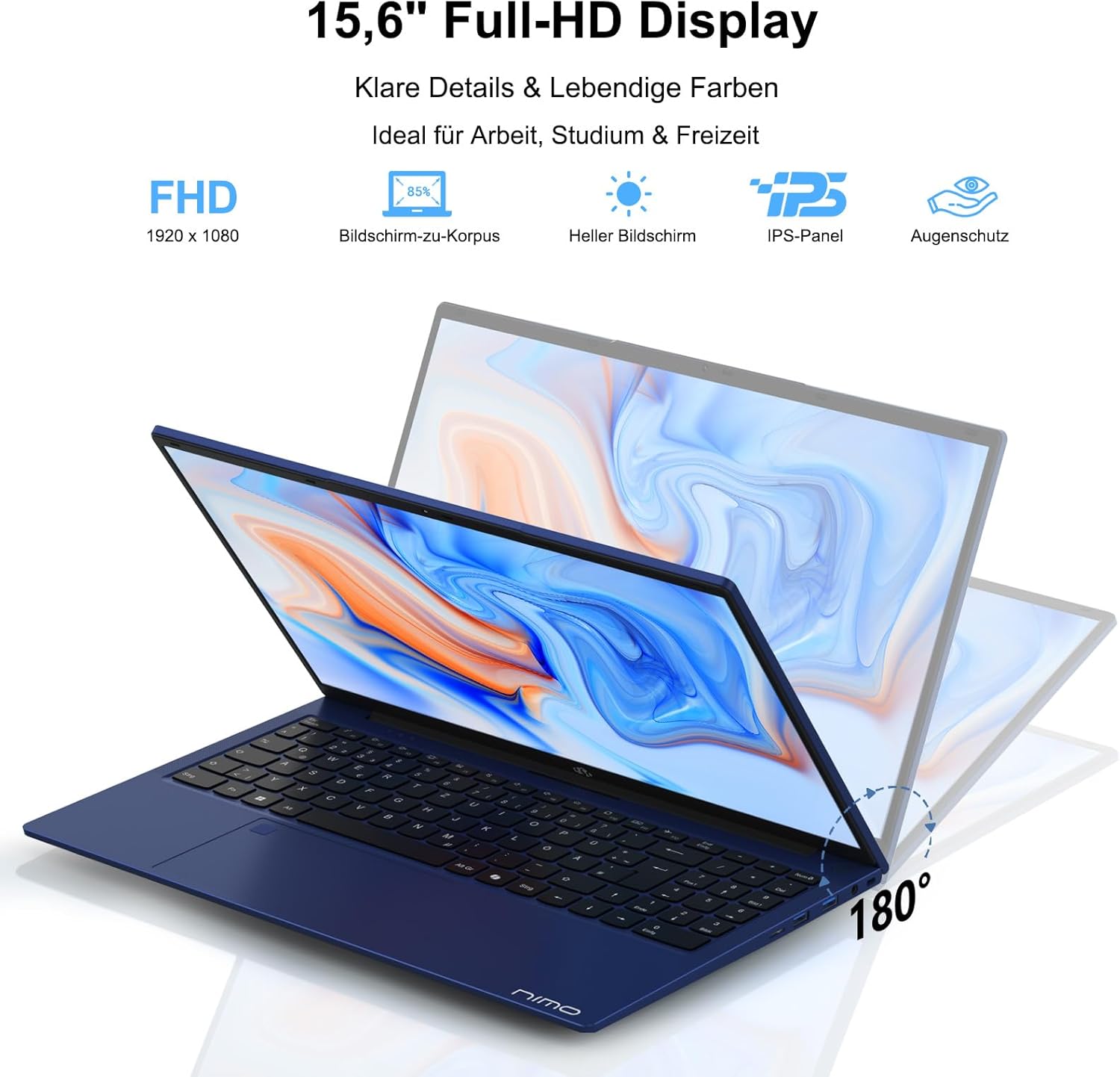 NIMO Laptop 15.6 Inch Full HD: 16GB RAM, 1TB SSD, Intel N100, WiFi Connectivity, USB-C 65W, Fingerprint, Illuminated Keyboard, Lightweight Computer for Work & Study, Blue – Bild 3
