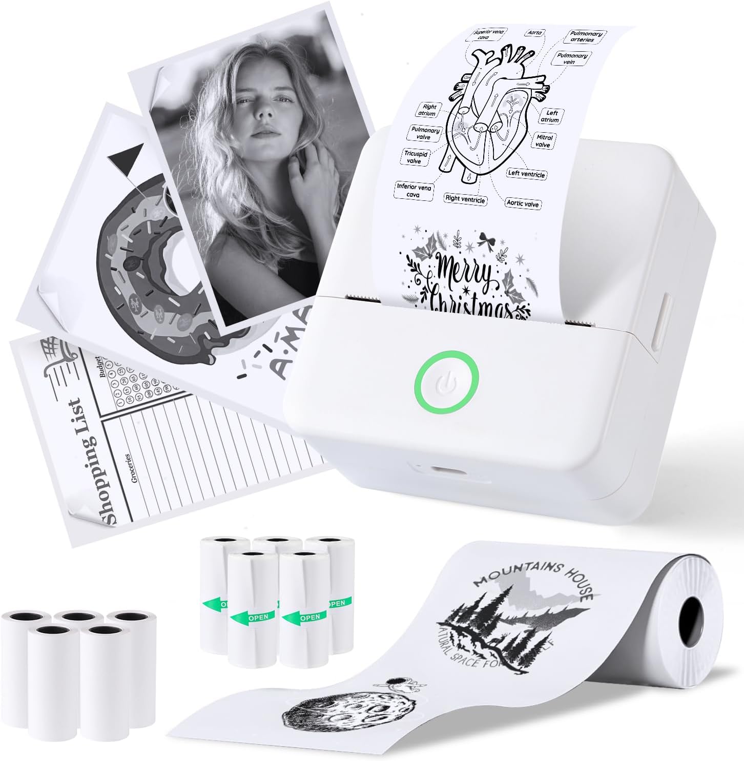 Mini Printer, Portable Photo Printer with 10 Rolls of Printer Paper, Bluetooth Label Printer, Thermal Printer for Notes, Photos, Diaries, DIY, Compatible with iOS and Android (White)