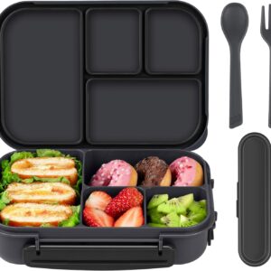 Children’s Lunch Box with Compartments, Bento Box Children, Lunch Box Adults, 1200 ml Lunch Box with 4 Compartments and Cutlery, Microwave and Dishwasher Safe, BPA-Free and Reusable (Dark