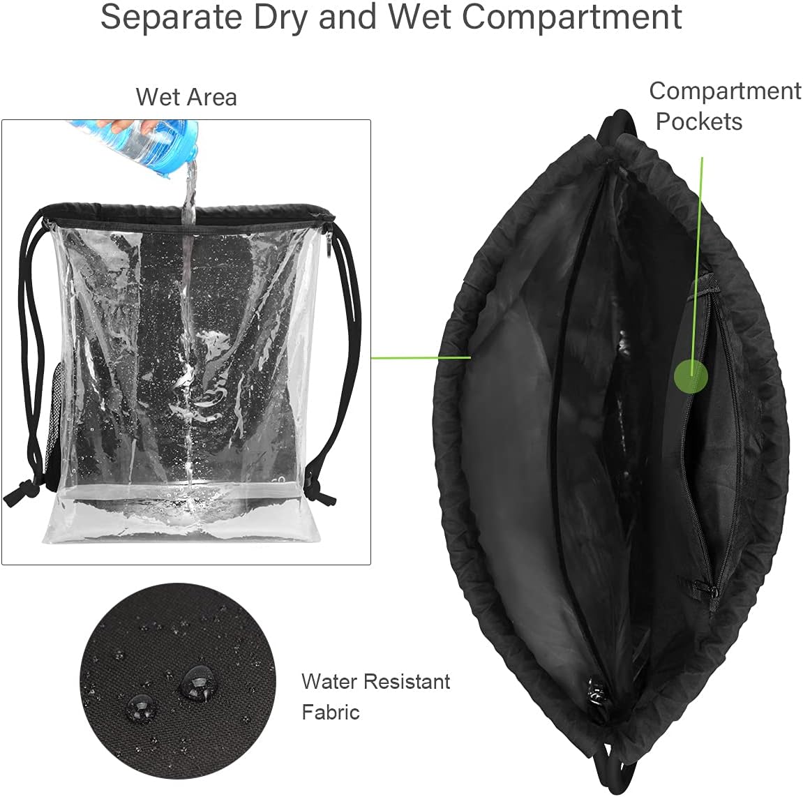 Ryaco Gym Bag Waterproof Drawstring Backpack Swimming Sports Bag with Outer Zip Pocket Water Cup Net Package Dry and Wet Separation for School Sports Swimming – Bild 2