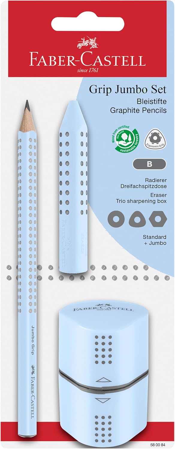 Faber-Castell 580084 Pencils Set Sky Blue 3-Piece with Jumbo Pencil B, Sharpener and Eraser