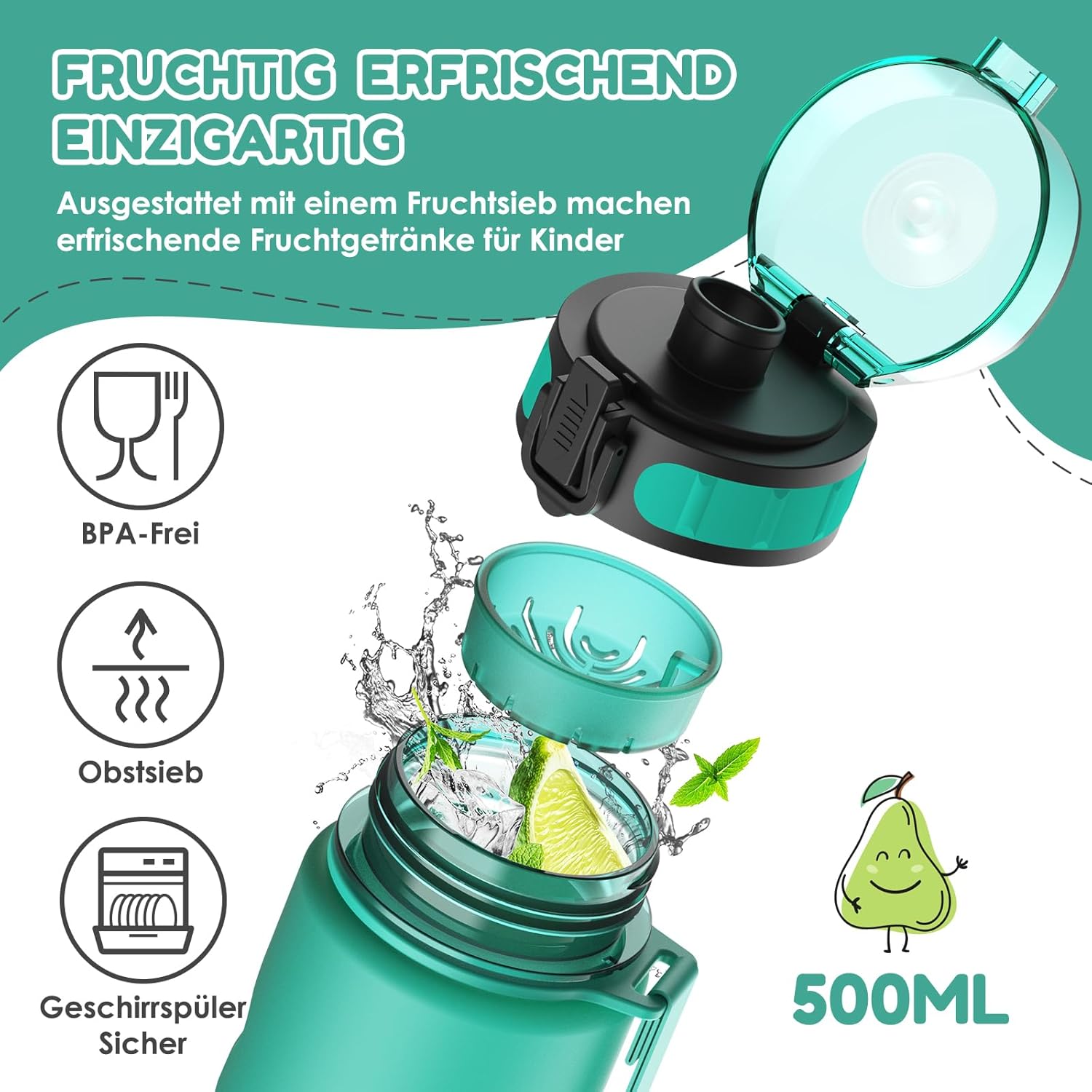 Luyiilo Children's Leak-Proof Drinking Bottle, 500 ml, BPA-Free Drinking Bottle with Fruit Insert, Suitable for Carbonated Drinks, Children's Drinking Bottle, Perfect for School, Nursery, Sports – Bild 2
