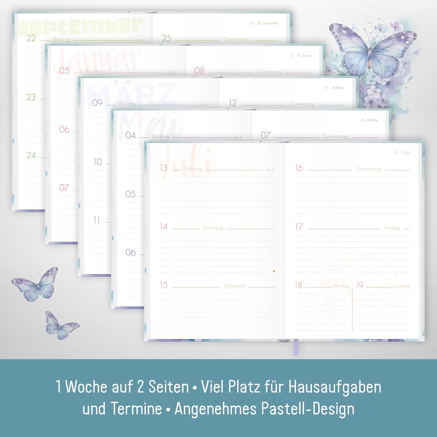 Schulstuff Student Timer 2025/2026 A5 - Organised through the New School Year - Flexocover School Calendar, School Planner, Homework Book "Butterfly" - Sustainable and Climate Friendly – Bild 3