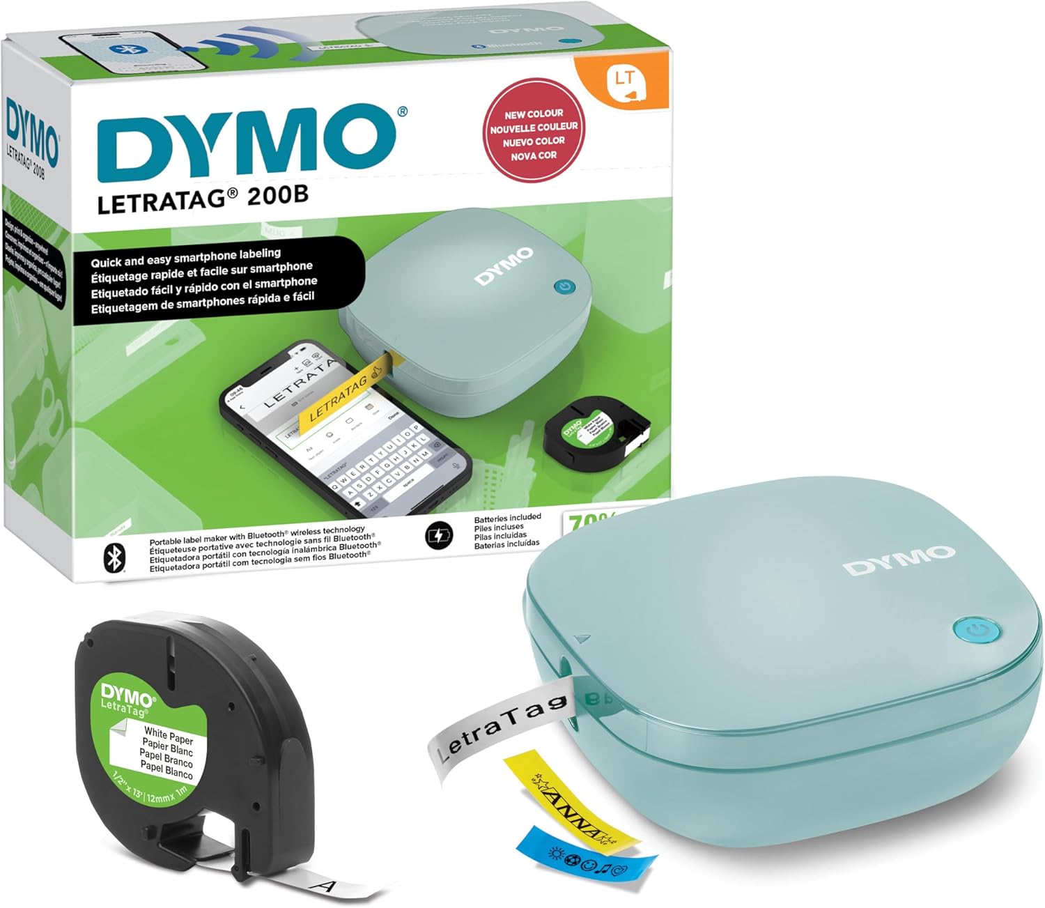 DYMO LetraTag 200B Label Maker with Bluetooth, Compact Label Printer, Connects via Wireless Bluetooth Technology, Includes 1 x White Paper Label Tape, Daydream Blue
