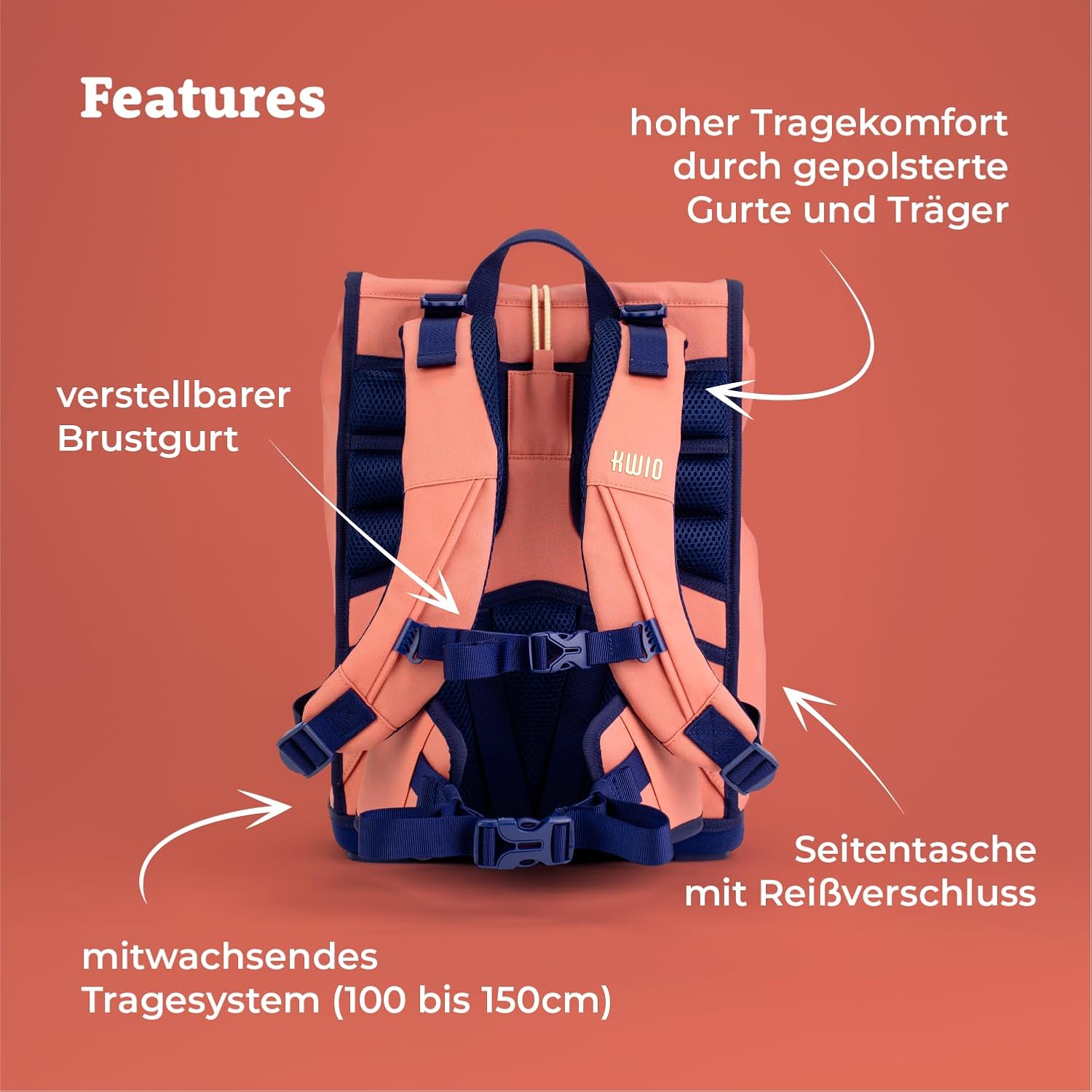 KWIO Bagg School Bag Set, 6 Pieces, Roll-Top Design, Front Pockets for Water Bottle and Lunch Box, Rain Cover, Retro Reflective Coating, Ergonomic Carry System, 1st Class – Bild 5