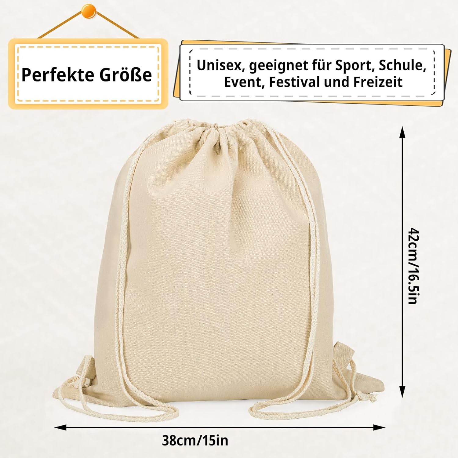 Pack of 2 Canvas Gym Bags, 38 x 42 cm Fabric Bag with Drawstring, Bag, Backpack, Sports Bag, Jute Bag for Painting, Fabric Bag, Women and Men, Children, Sports, Travel – Bild 2