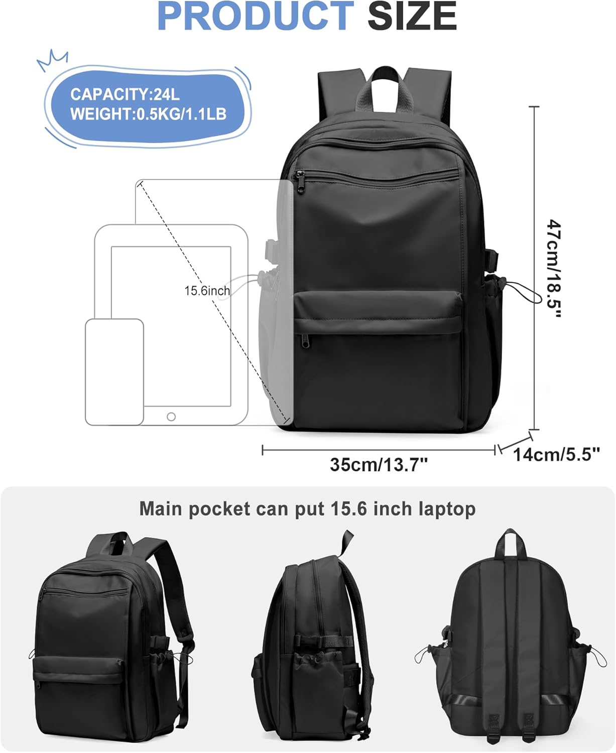 School Backpack Women's Lightweight Backpack 14 Inch Laptop Travel Backpack Causal Travel School Bags for Girls Boys Teenagers Book Bag College Boys Men Work Daypack, A-Black, L, Rucksack Backpacks – Bild 2