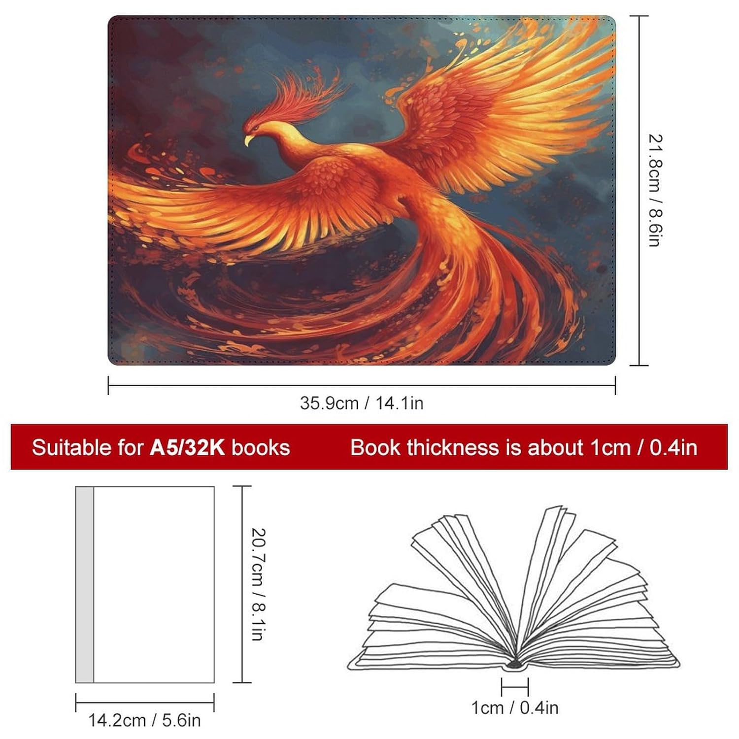 Leder-Notizbuchhülle, strapazierfähige Buchumschläge, orange-rot, Phoenix-Druck, wasserdicht, schützt Notizbücher, Bücher und ist für Büro und Schule geeignet – Bild 2