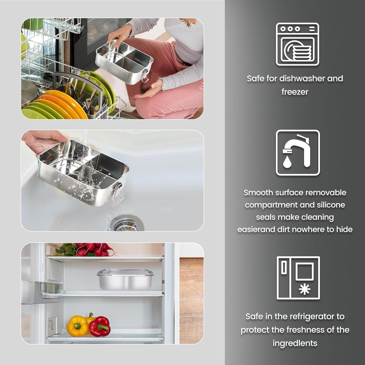 Stainless Steel Lunch Box, 1200 ml Lunch Box, Leak-Proof with Removable Divider, Lunch Boxes, Metal, Environmentally Friendly, for Adults and Children – Bild 4