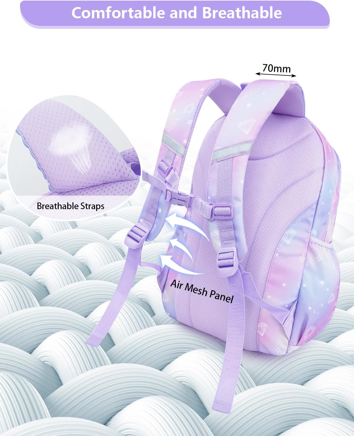 Tanou School Bag Girls Backpack School Girls School Backpack for Girls 1st to 4th Grade Breathable Water Resistant Nylon Kids School Bag, purple, Rucksack – Bild 4