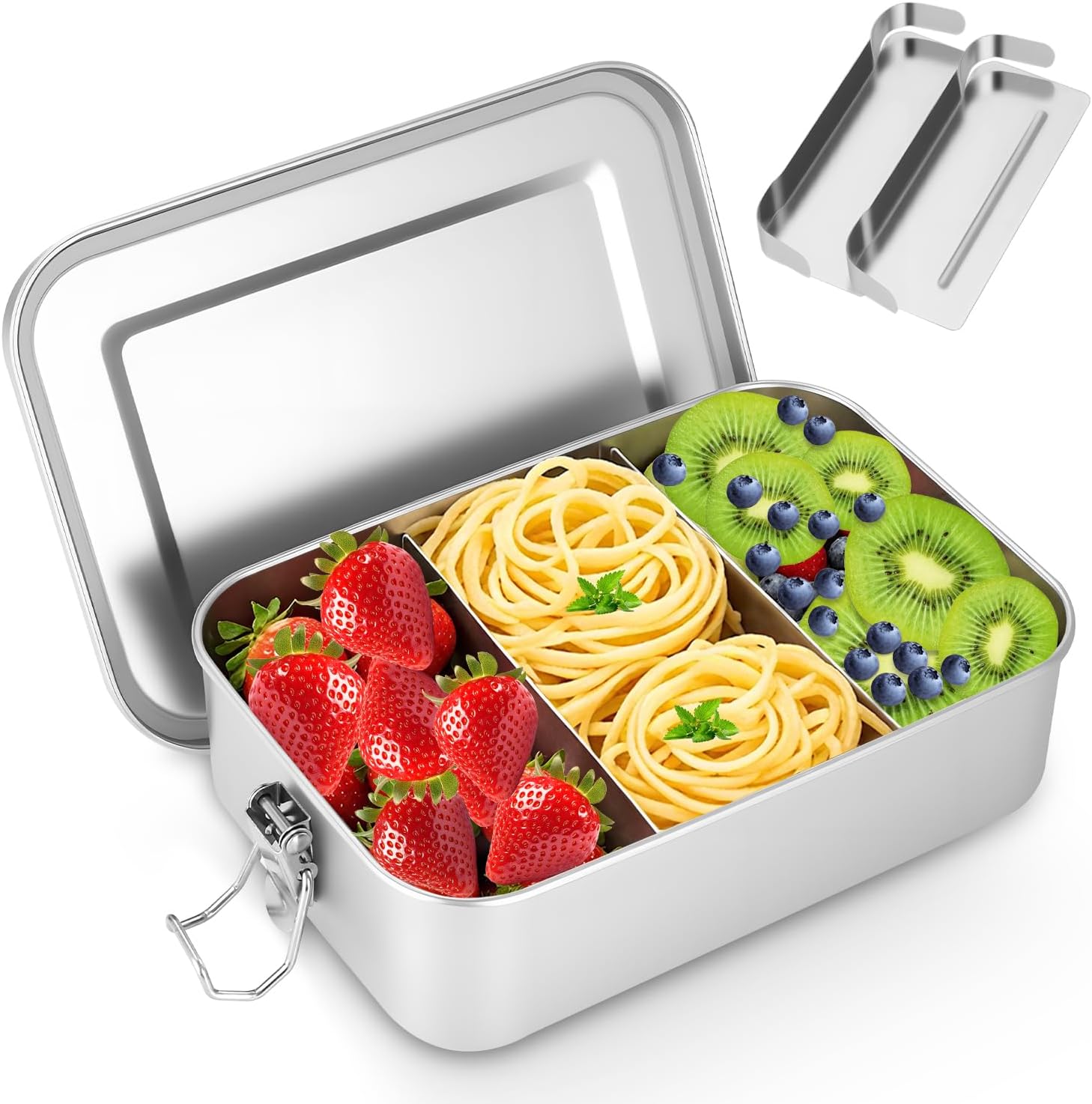 1400 ml Stainless Steel Lunch Box Adult Stainless Steel Lunch Box Stainless Steel with Divider, Leak-Proof, with 2 Compartments, BPA-Free Lunch Box Metal for Camping, Picnic, Travel and Work