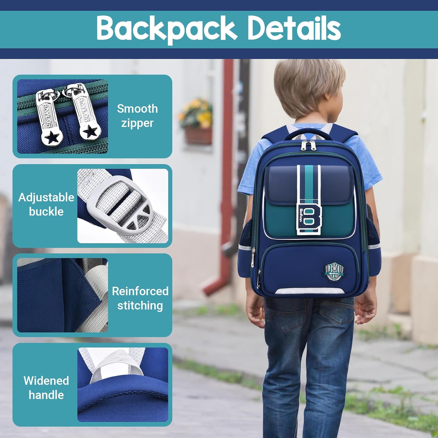 IvyH School Backpack Boys 2-5 Class, 20 Litre Ergonomic Children's Backpack for Primary School, Waterproof School Bag Children's School Bag for Boys, 8-12 Years, Navy Blue Green, Rucksack – Bild 2