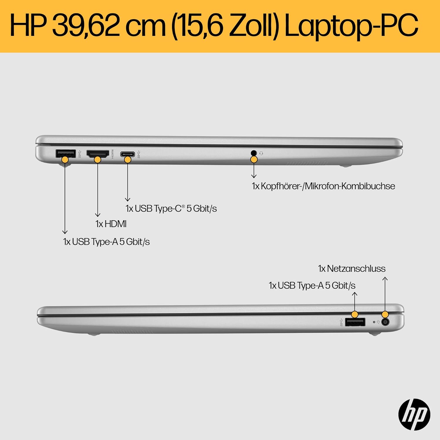 HP 15.6-Inch FHD IPS Display, AMD Ryzen 5 7520U, 16 GB RAM, 512 GB SSD, AMD Radeon Graphics, Windows 11 Home, QWERTZ Keyboard, Silver, with HP Fast Charge – Bild 8