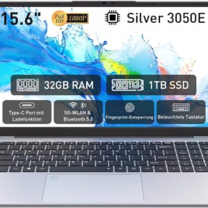 Laptop 15.6 inch, 32GB DDR4 1TB NVMe SSD, Dual-Core 3050E (up to 2.80 GHz), with Fingerprint Unlock Notebook, Cooling Fan, Webcam, Dual Speakers, HDMI, Student/Business Laptop